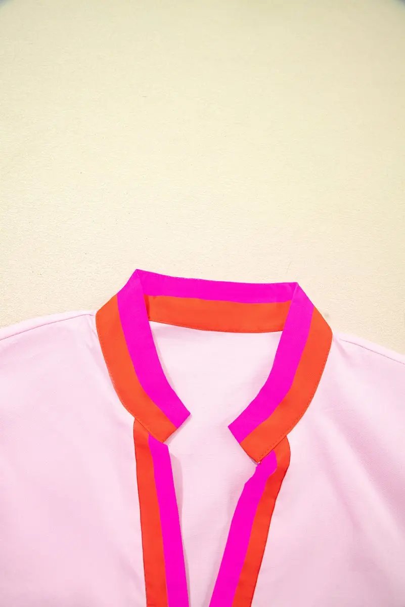 Pink Contrast Striped V Neck Puff Sleeve Blouse - Love Salve